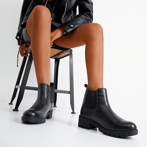 Image of Vepose Women's Chelsea Ankle Boots Pull-On Low Heel Booties 9607 | Flat short boots with elastic side, round toe for casual daily