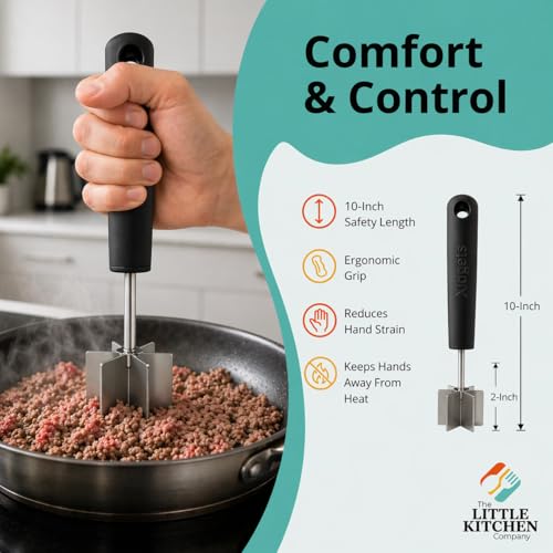 Image of 2pc Large Stainless Steel Meat Chopper, Masher & Cocktail Muddler | Dishwasher Safe | 6-Blade Chopper Tool | Oversized Ergonomic Handle | Heat Resistant Grip | 2 x 10 inch black
