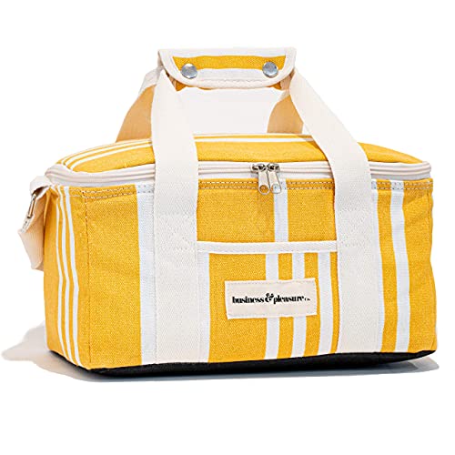 Business & Pleasure Co. Cooler Bag - Cute Lunch Bag in Vintage Colors & Prints, Fits Lunch or 12 Drinks, Insulated & Leakproof Lining, Hands-Free Shoulder Strap (Lunch Bag / 12 Cans, Yellow Stripe)