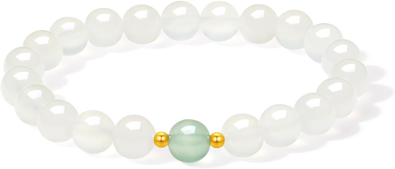 18K Yellow Gold Beaded Bracelets Chalcedony Charm Healing Bracelet Fengshui Stretch Gold Jewelry for Women Her Mom Daughter Birthday Gifts 17cm/6.7"