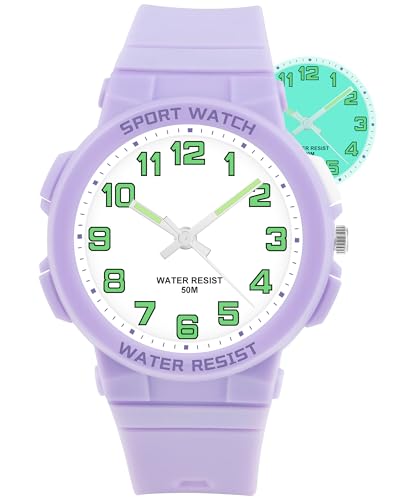 Ayybboo Kinderuhr Jungen Mädchen Analog Quarz Uhr mit Licht,Armbanduhr Kinder 50M wasserdichte Geeignet für Kinder, Jugendliche von 4-16 Jahren (Lila)