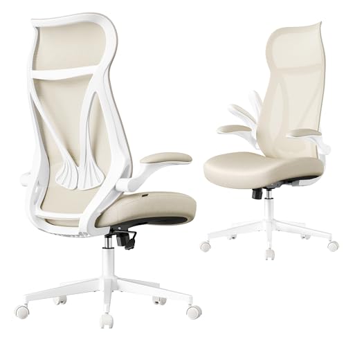 SONGMICS Bürostuhl, Schreibtischstuhl, ergonomische Rückenlehne, höhenverstellbar, hochklappbare Armlehnen, Drehstuhl mit Kopfstütze, bis 150 kg belastbar, cappuccinobeige OBN088K01