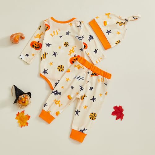 Newborn First Halloween Clothes Baby Boy Pumpkin Romper Outfits Long Sleeve Jumpsuit Pant Hat 3Pcs Suits for Infant Boys Halloween Pajamas Clothing Sets (Orange, 0-3 Months) - Image 4