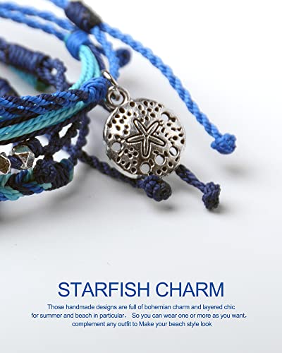Mezcla Vida Bohemian Starfish Charm Silver Zinc Beaded Waterproof Rope Surfing Bracelets Sets For Women Teen Girls, Beach Handmade String Jewelry (Blue) #TOP4