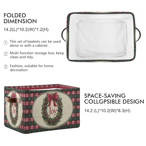 Image of Christmas Joy Wreath Bow Knot Storage Basket with Waterproof Liner and PU Handles Winter Poinsettia Buffalo Plaid Storage Bins Boxes 14.2 inch Collapsible Decorative Baskets for Bedroom Office 1 Pack