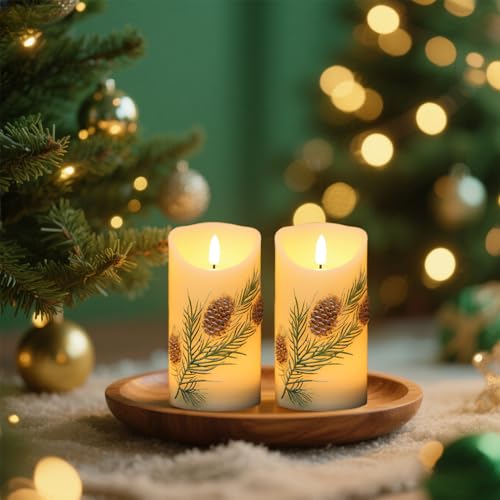 Image of Eldnacele Christmas Flameless Candles with 6 Hour Timer, Battery Operated Hand Painted Pine Cone Real Wax 3D Wick Flickering LED Pillar Candles for Dinner Indoor Holiday Xmas Decor(2Pcs, D3xH5.7)