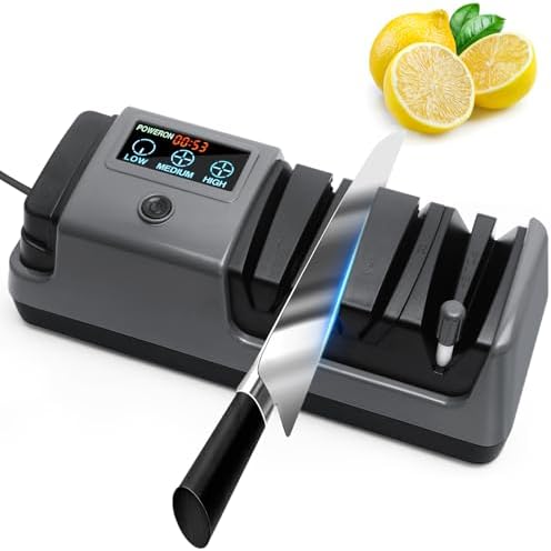 Professional 3-Stage Electric Knife Sharpener with Rod, 100% Diamond Abrasives, 3 Adjustable Rotational Speed with LCD Display, for Straight, Serrated Knives, Meat Cleaver, Ceramic Knives Scissors