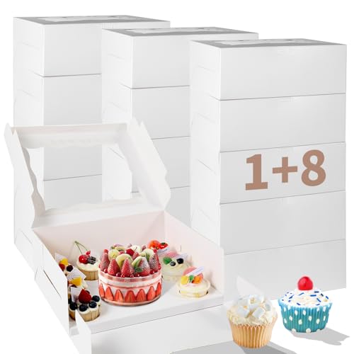 Image of PFAMKEER Bento Cake Box With Cupcakes, Clear Window 9 Holes Bento Combination,12 Sets: Cookie Boxes Fit 8 Regular Cupcake and Mini Cakes, Christmas Wedding Birthday Party (White/clear, 1+8/12pcs)