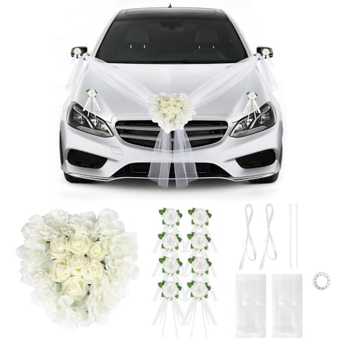 SUPAWAY Décoration de Voiture en Forme de Cœur pour Mariage, Kit avec 1 Guirlande Cœur, 4 Fleurs pour Poignées de Porte, 2 Bandes de Tulle (1,8m) pour...