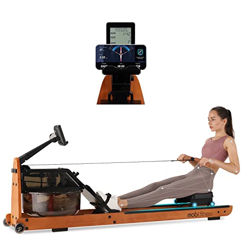 MOBI FITNESS Water Rowing Machine for Home Use, Water Rower with Bluetooth APP, Indoor Cardio Machine Water Resistance, Wooden Rower with LCD Monitor