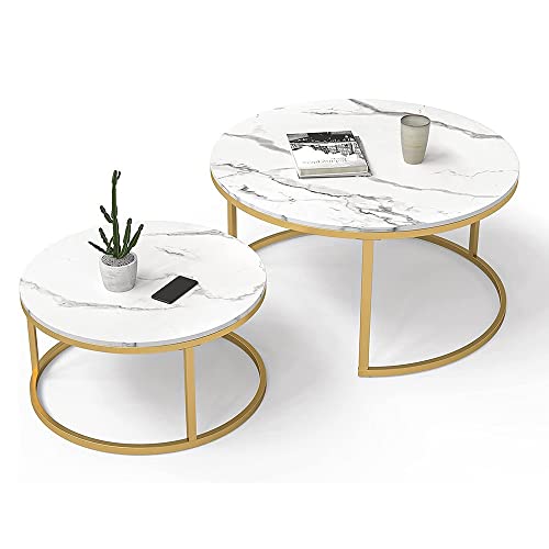BTZHY Side Table/End Table,Modernt Häckande Soffbord Set med 2 Möbler Runt Gavelbord Soffbord med Faux Marmorskiva Metallram Soffa Sidobord Hörnbesparande Utrymme för Hemmamatsal Kontor Vardagsrum