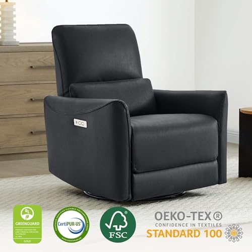 CHITA Power Recliner Chair Swivel Glider, FSC Certified Upholstered Faux Leather Living Room Nursery Reclining Sofa Chair with Lumbar Support, Black - 2