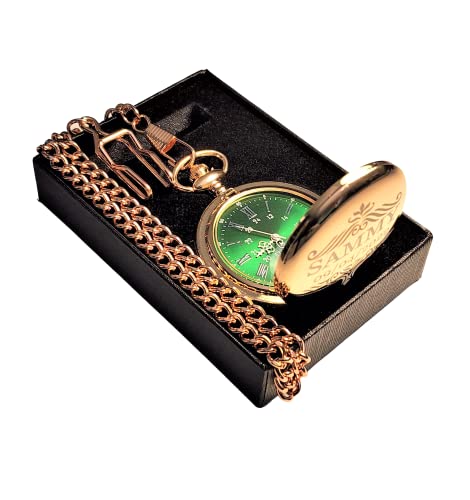 Engraved Pocket Watch, Green Dial With Roman Numerals, Comes With The Chain, Fitted Box And Engraving. Vintage Style Gold Pocket Watch Personalized (Rose Gold) #TOP14