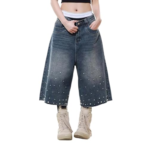 Short en jean baggy femme élastique en denim déchiré robuste