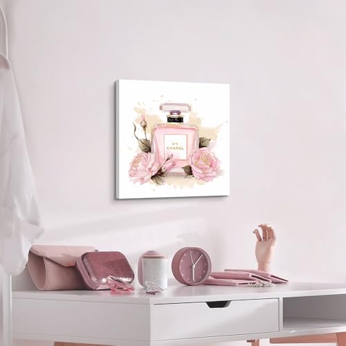 Image of cozy country Chanel-Inspired Perfume Canvas Wall Art - 12x12 Inches Fashion Artwork Print, Pink Floral Luxury Picture for Bathroom & Women's Room Decor, Ready to Hang