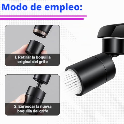 Miniatura 5 de Jjiaolinin Aireadores Para Grifos, Aireador Grifo Cocina Giratorio 360 , Accesorio De Piezas De Grifo, Ajustable 2 Modos Salida Agua, Con 5 Adaptadores 20 22 24 Mm Negro