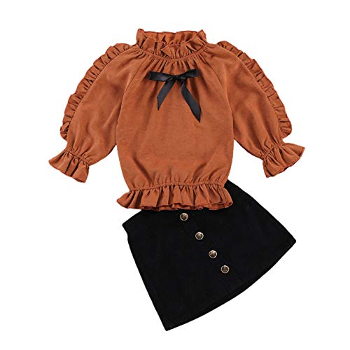 Rsrzrcj Kids Toddler Baby Girl Fall Winter Outfit Long Puff Sleeve Ruffle Blouse Shirt Top Leopard Mini Button Skirt Set 2Pcs (Brown Black, 2-3 Years) #TOP6