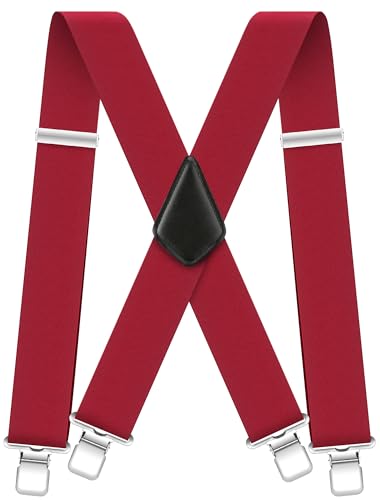 Mens Suspender Heavy Duty Suspenders for Men Red Braces with Strong 4 Clips 2 inch Wide High Elastic X Style Adjustable