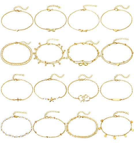 FUNEIA 16Pcs Silver Gold Anklets for Women Boho Layered Beach Adjustable Chain Ankle Bracelets Anklet Foot Jewelry Set
