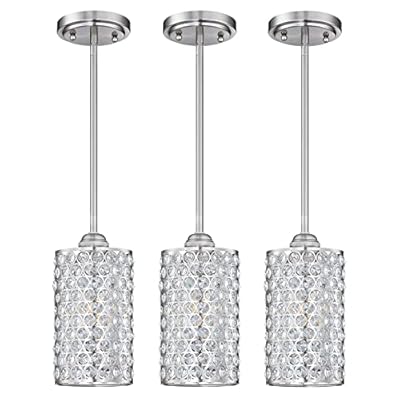3 Pack 1 Light Hanging Kitchen Island Crystal Pendant Lighting Modern Concise Pendant Light Fixture Brushed Nickel Finish with Crystal Plate Metal Shade for Bar, Dining Room, Corridor,Living Room
