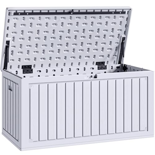 YITAHOME Caja de almacenamiento de jardín 303L para exteriores, caja de resina de polietileno de alta densidad con tapa con cerradura y asas laterales, banco de almacenamiento impermeable para muebles