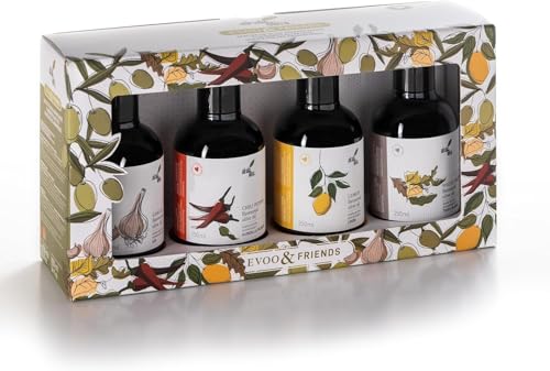 ALCALA OLIVA Estuche Regalo 4x250ml | Aceite de Oliva Virgen Extra Aromatizado con Sabores de Chili, Trufa, Ajo y Limón | Ideal para Foodies y Regalos Gourmet