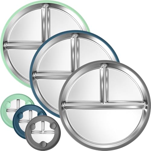 Image of BUSOHA 3 Pack Stainless Steel Kids Plate Set - 9” Divided Toddler Baby Plates with Silicone Sleeves with Suction 2-in-1 Anti Breakage Metal Toddler Bowls Microwave Dishwasher Safe