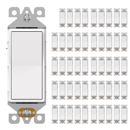 AIDA Single Pole Rocker Decorator Light Switch, 15 Amp Self-grounding Electrical Light Switches, Wall Plate Included, Residential Grade, UL Listed (50 Pack, Matte White)