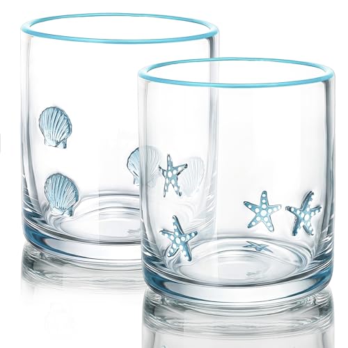 Ovveroche 2 Pcs Ocean Icon Juice Glass, 14 oz Seashell Starfish Stemless Wine Glass, Double Old Fashioned Icon Cocktail Drinking Cups for Summer Coastal Beach Home Party Supplies