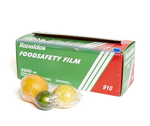 Ronaldos Food Safety Film, 12 inches x 2000ft Plastic Wrap, Commercial Grade, Used for Food Service Industry, Great for Sealing and Storage, Easy to Use Slide Cutter for Clean Cut Use (1 Box)