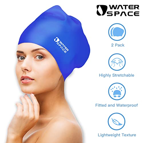 Water Space Swimming Cap for Women Ladies Man Adult Swimming Caps for Long Hair 2 Packs Waterproof Silicone Swimming Cap (Black & Blue) - Image 3