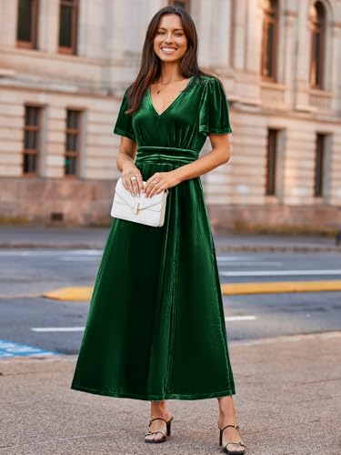 Image of Simplee Women's Velvet Maxi Dress V Neck Short Sleeve Empire Waist Semi Formal Long Cocktail Dresses