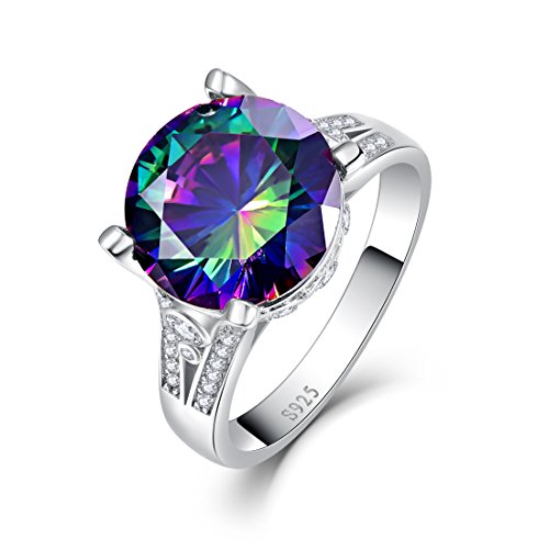 Merthus Rhodium Plated 925 Sterling Silver Cocktail Ring | Simulated Mystic Rainbow Topaz Solitaire Ring for Women Size 8