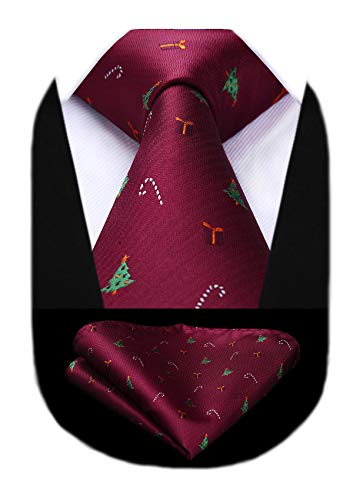 HISDERN Christmas Burgundy Ties for Men Xmas Novelty Tie and Pocket Square Festive Party Funny Necktie Gift Set