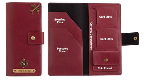 Image of Aica Personalized Name & Charm Long Leather Wallet Passport Cover (Wine) with Passport Boarding Pass Card Slot & Coin Holder for Men & Women | Birthday Anniversary Travels Gifts for Women Sis Wife Mom
