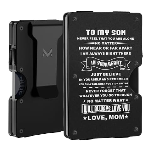MIFANYO Minimalist Aluminum Wallet for Son from Mom, Slim RFID Blocking Metal Money Clip, Front Pocket Card Holder, Mens Personalized Engraved Gifts for Birthday Christmas Graduation Wedding Adult Cover
