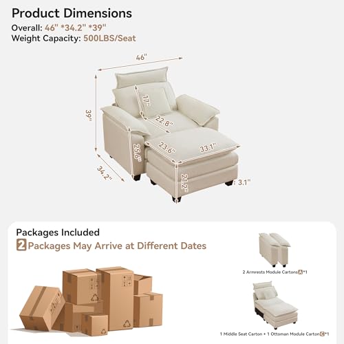 Image of 46''Cloud Oversized Sofa Chair with Detachable Headrest, Upholstered Comfy Arm Accent Chair with Ottoman,Modern Chenille Reading Lounge Armchair for Living Room,Bedroom, Beige