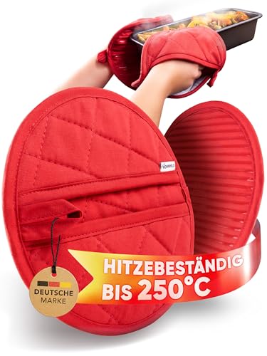 WOHNHELD Premium Topflappen (Extrem hitzebeständig bis 250 °C) waschbare & weiche Baumwolle - Ofenhandschuhe Topfuntersetzer mit praktischen Greif-Taschen - 20cm Rot