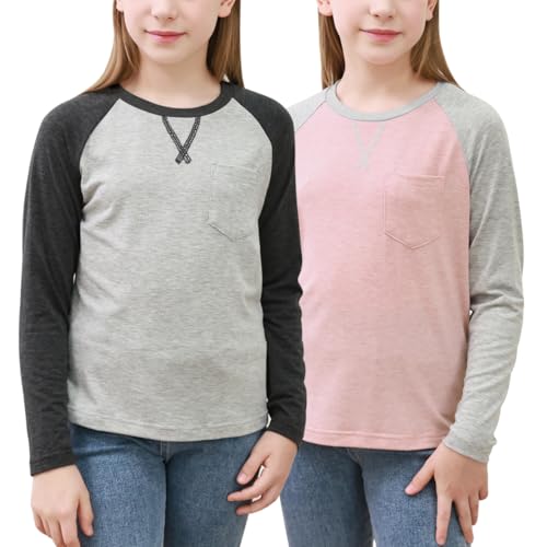 GORLYA 2 Pack Girls Contrast Raglan Sleeve T-Shirt Casual Simple Basic Tee Tops with Pocket for 8-16Y