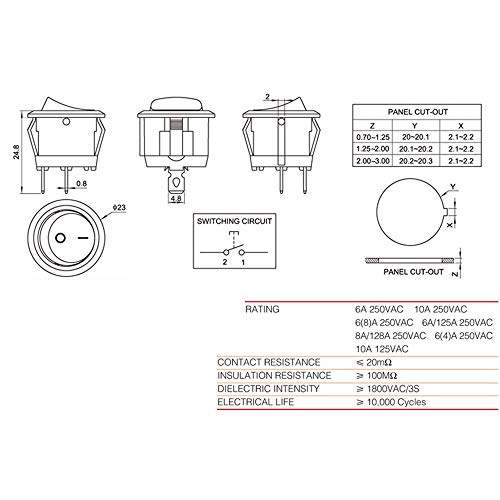 CLDIY 20 Pieces Round Environmental Protection Boat Rocker Switch AC 6A / 250V 10A / 125V 2 Solder Lug SPST On/Off 2 Pin Mini Boat Rocker Switch for Electrical Products - Image 3