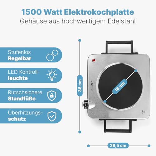 Clatronic® Kochplatte elektrisch mit 1500W | Herdplatte 1 Kochfeld für Küche, Büro oder Camping | elektrische Kochplatte mit stufenloser Temperatureinstellung | Einzelkochplatte Edelstahl | EKP 3788 – Bild 3