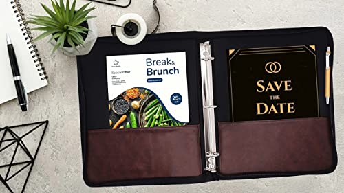 Vintage Professional 3 Ring Zipper Binder Organizer, For 8.5" X 5.5" Paper, 1-Inch Round Rings, 2 Inner Pockets, Antique Brown Vegan Leather, Pen Included #TOP5