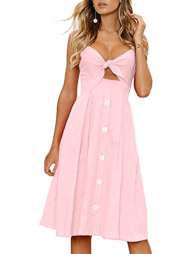 Image of FANCYINN Womens Tie Front Button Down A-Line Dresses Summer Spaghetti Strap Midi Dress Floral Prints