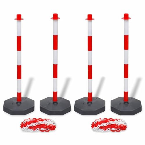 Homgoday Poteaux à Chaîne de Délimitation - 4 Poteaux avec 20m de Chaîne Plastique, Couleur Rouge et Blanc, Diamètre 6mm, Poids 150g, Dimensions 3x90cm
