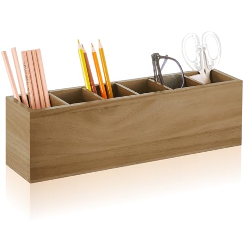 Image of Jetec Wooden Pencil Pen Holder for Desk 6 Compartments Cosmetic Makeup Brush Stationery Office Desktop Organizers for Countertop Adjustable Silverware Caddy for Home and Party, Art Supplie(Wood Color)