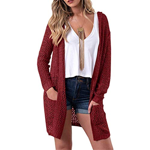 Andongnywell Women Hooded Hollow Knit Cardigan Hoodies Hollow Out Pocket Long Sweaters Boho Open Stitch Crochet (Red,Small)
