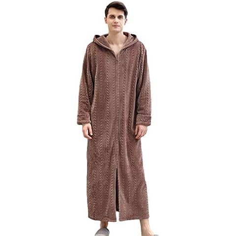 YiyiLai Men Loose Zip Winter Hooded Fleece Bathrobe Full Length Lounge Dressing Gown Coffee XL Cover
