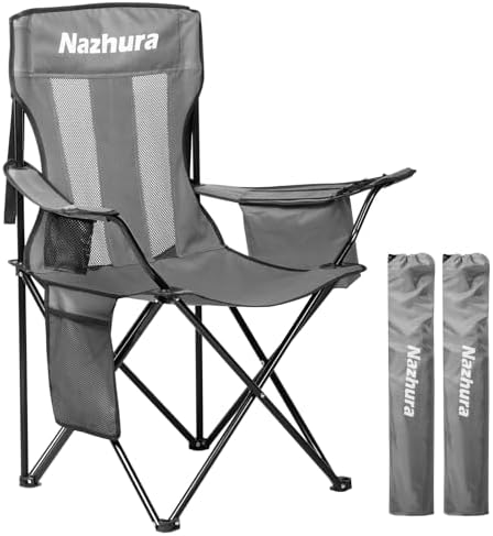 Nazhura 2 Pack Outdoor Camping Chairs Folding/Foldable/Portable with Cooler Pouch, Mesh Backrest and Cup Holder Pocket(Grey, 2 Pack)