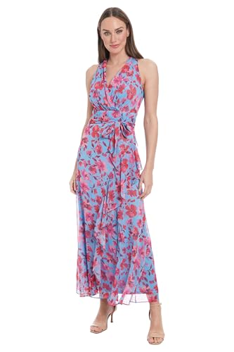 Image of London Times Women's Women's Halter Neck Wrap Maxi Dress with Side Tie and Ruffle Detail - Special Occasion Wedding Guest Dress