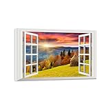 SDYSKKUG Falsa Ventana Paisaje Cuadros. Bosque otoñal montaña. Naturaleza Impresión en Lienzo Decoracion. Imagen Mural Salon Baño 90x60cm Marco Interior